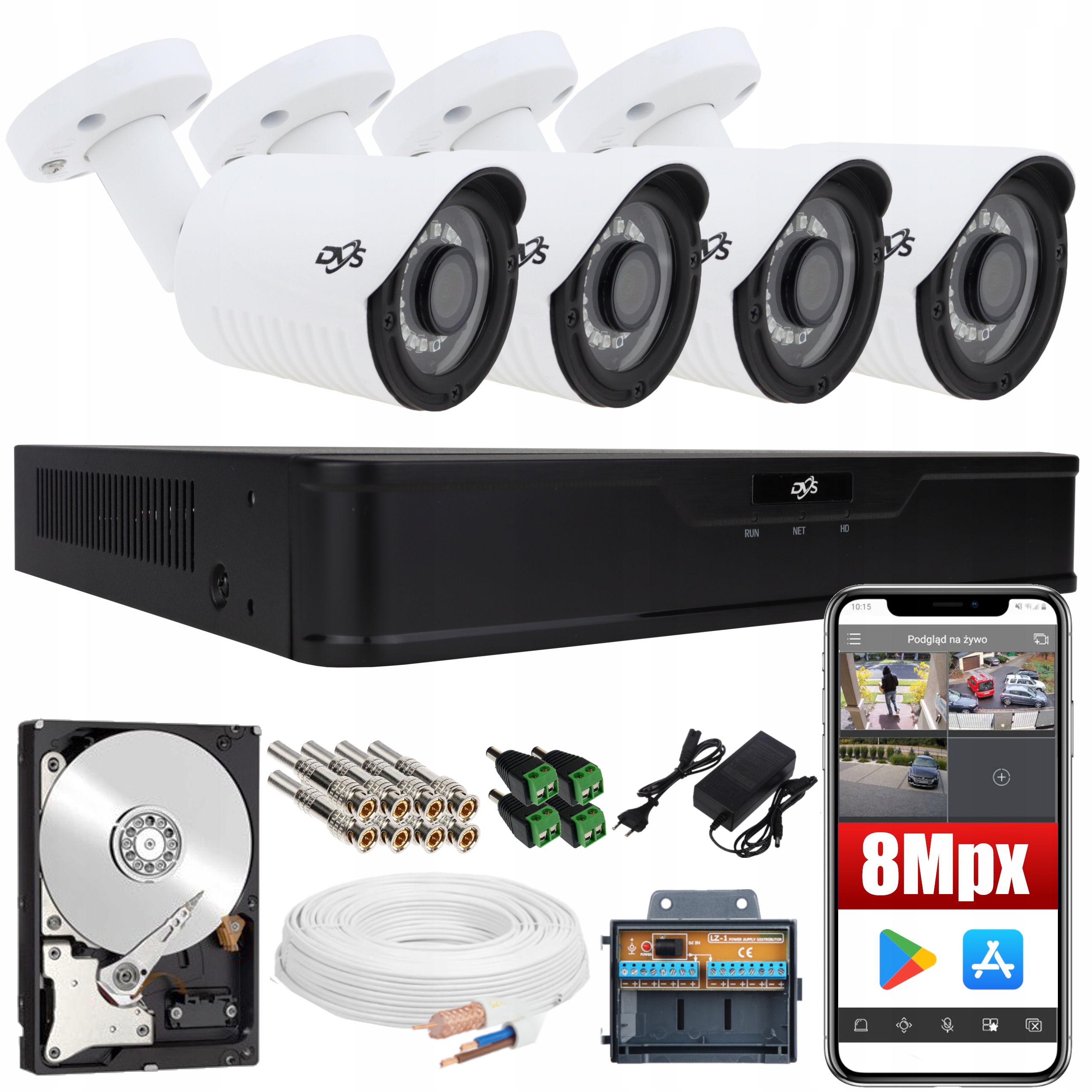 GOTOWY SYSTEM DO MONITORINGU 4 KAMERY 8Mpx BIAŁE TUBY APLIKACJA DYSK DVS
