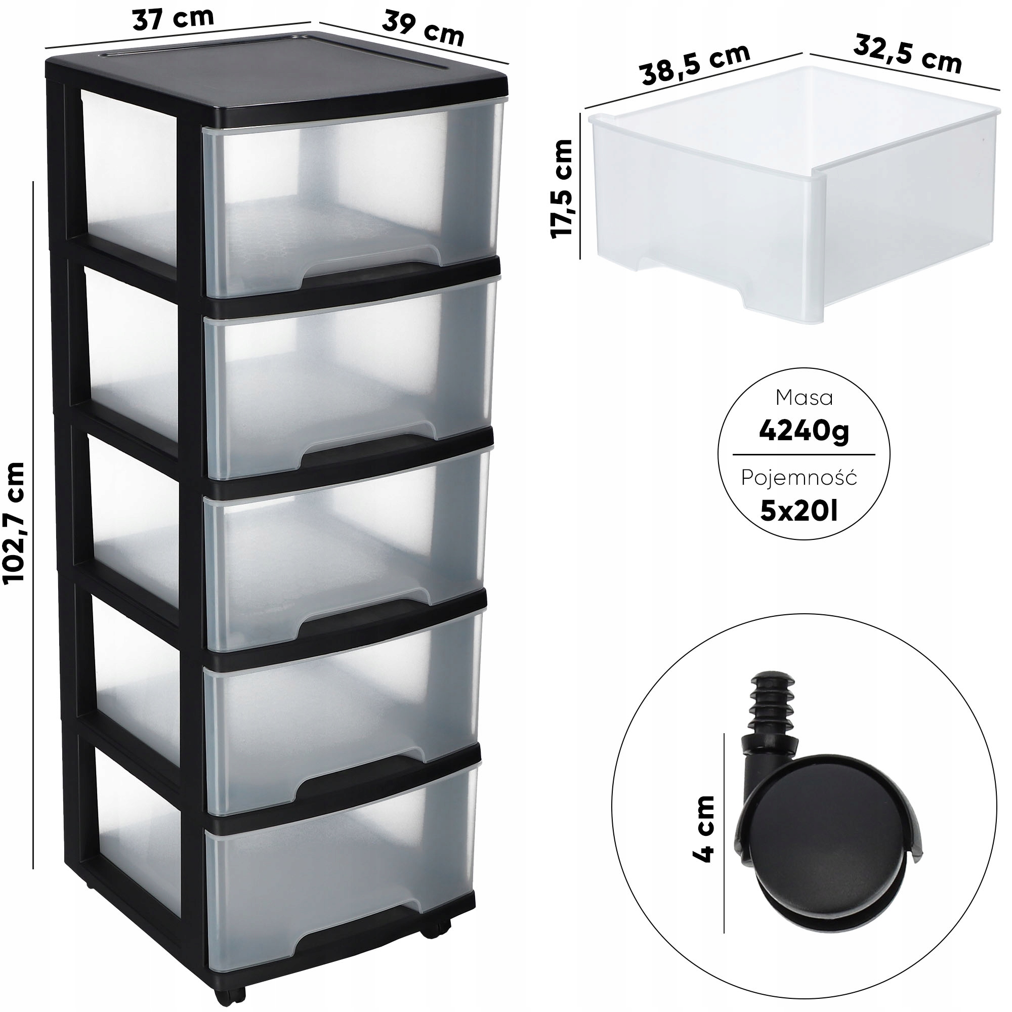 CURVER REGAŁ NA KÓŁKACH SZAFKA 5 SZUFLAD 20 L Wysokość mebla 100 cm