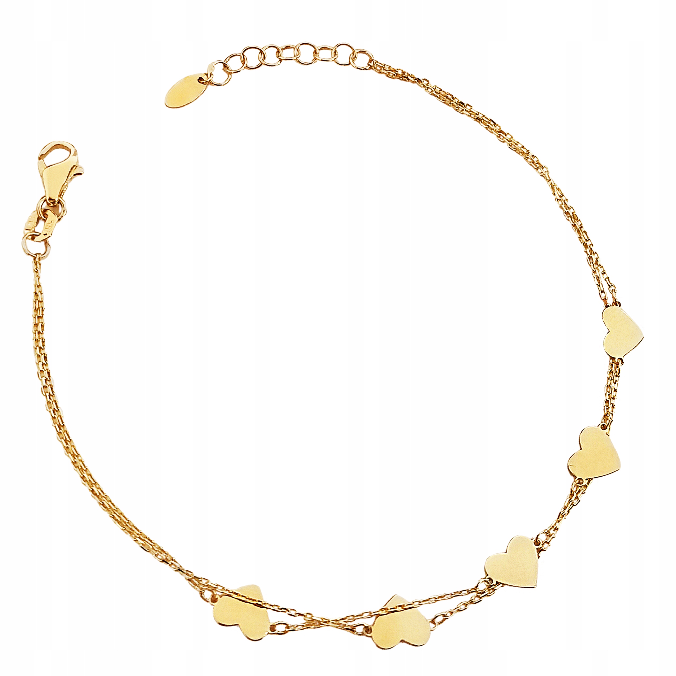 Zlatý náramek 585 řetízkový s plíšky ve tvaru srdíčka dvojitý řetízek