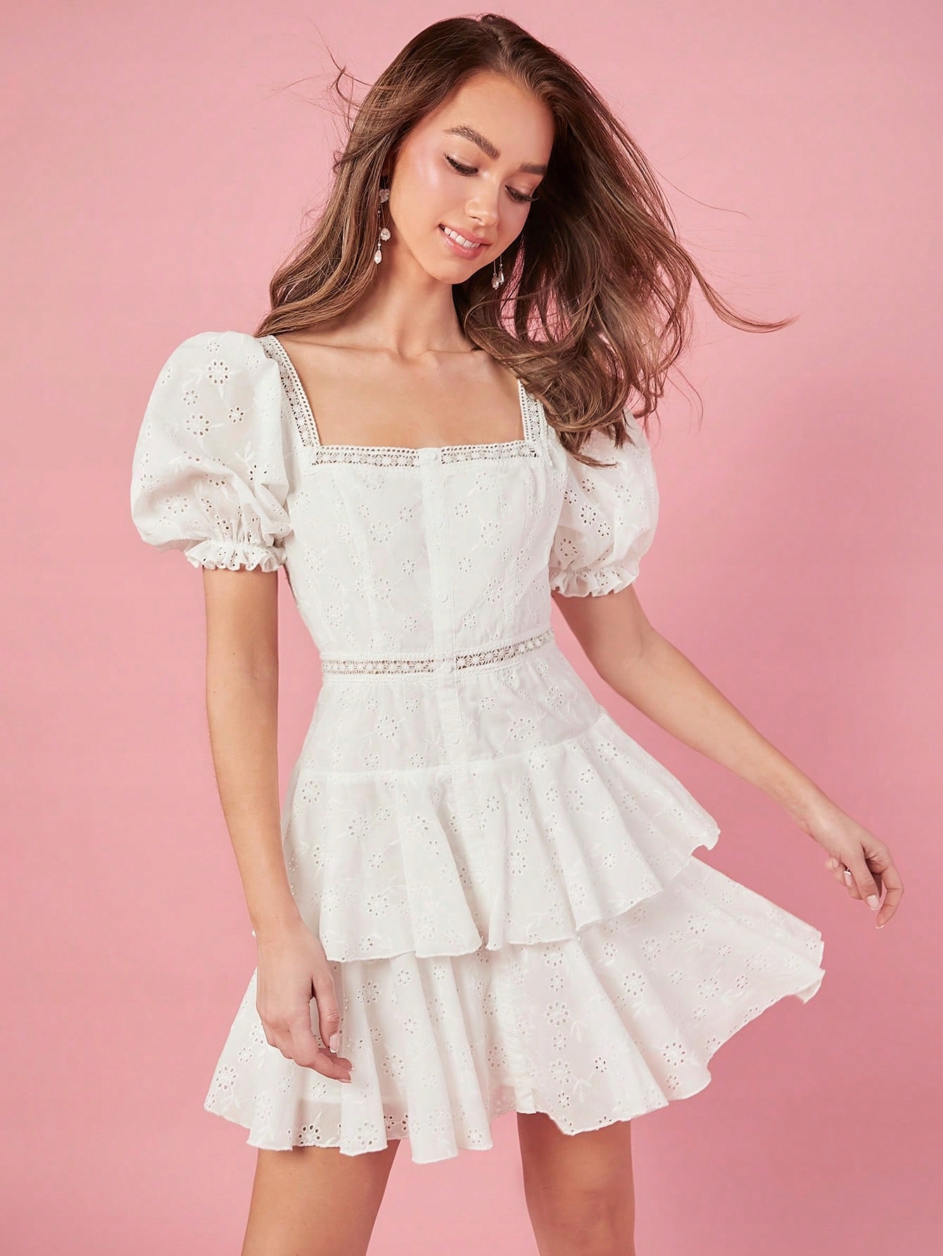 Šaty S Bufetovými Rukávy, Bílá, Casual Shein, Xs 34