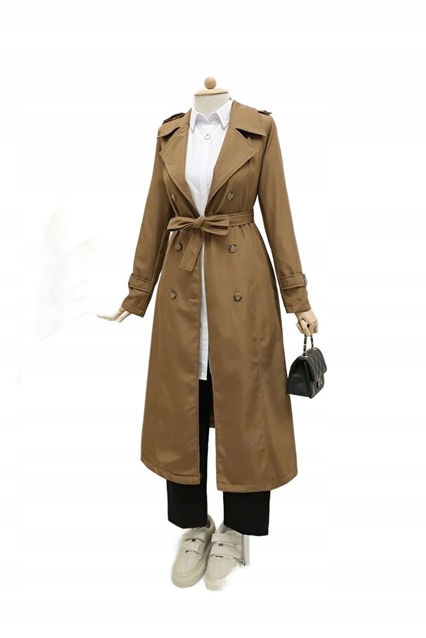 Modamorfo Klasický Dvouřadý Kabát S Páskem Ke Kolenům, Hnědý, 48 5F