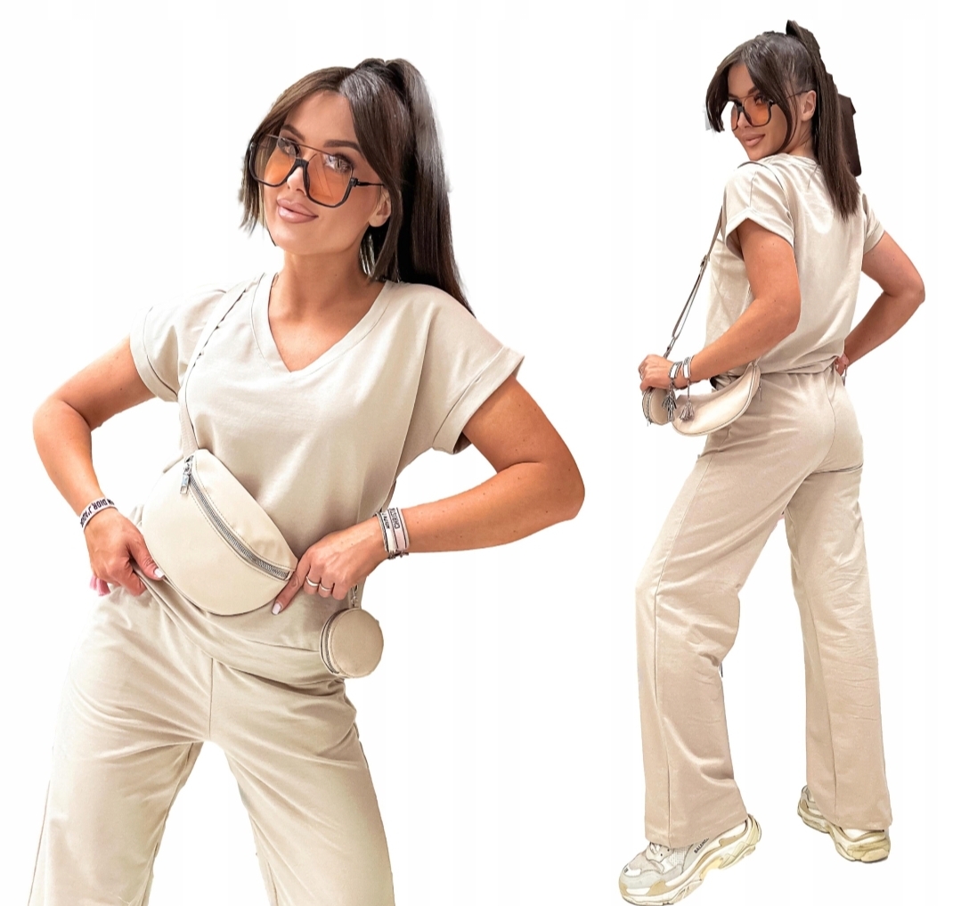 Komplet Dresowy Spodnie Szeroka Nogawka Bluzka W Serek Krótki Rękaw S/m