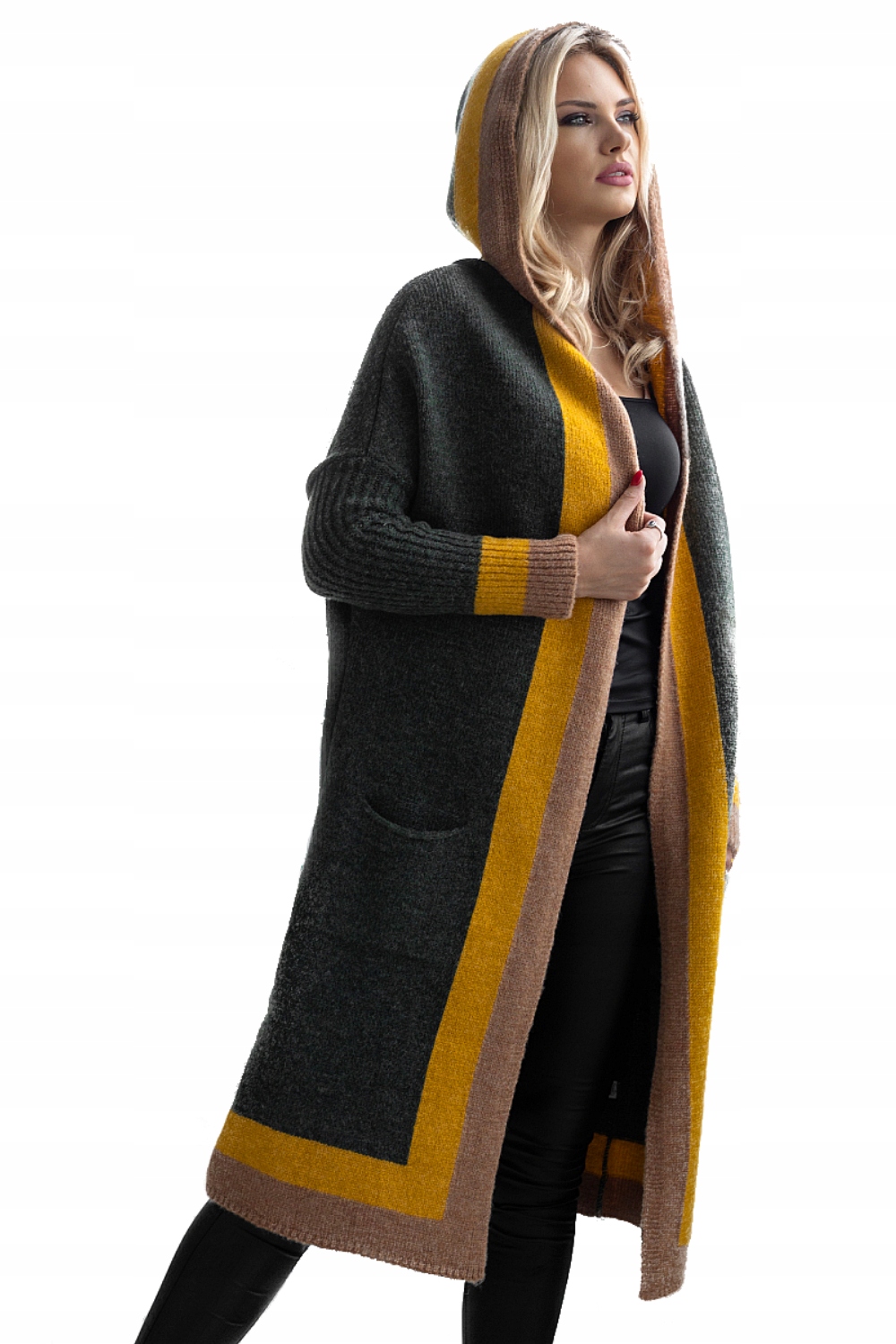 30085 DŁUGI KARDIGAN Z KAPTUREM I LAMÓWKĄ KHAKI