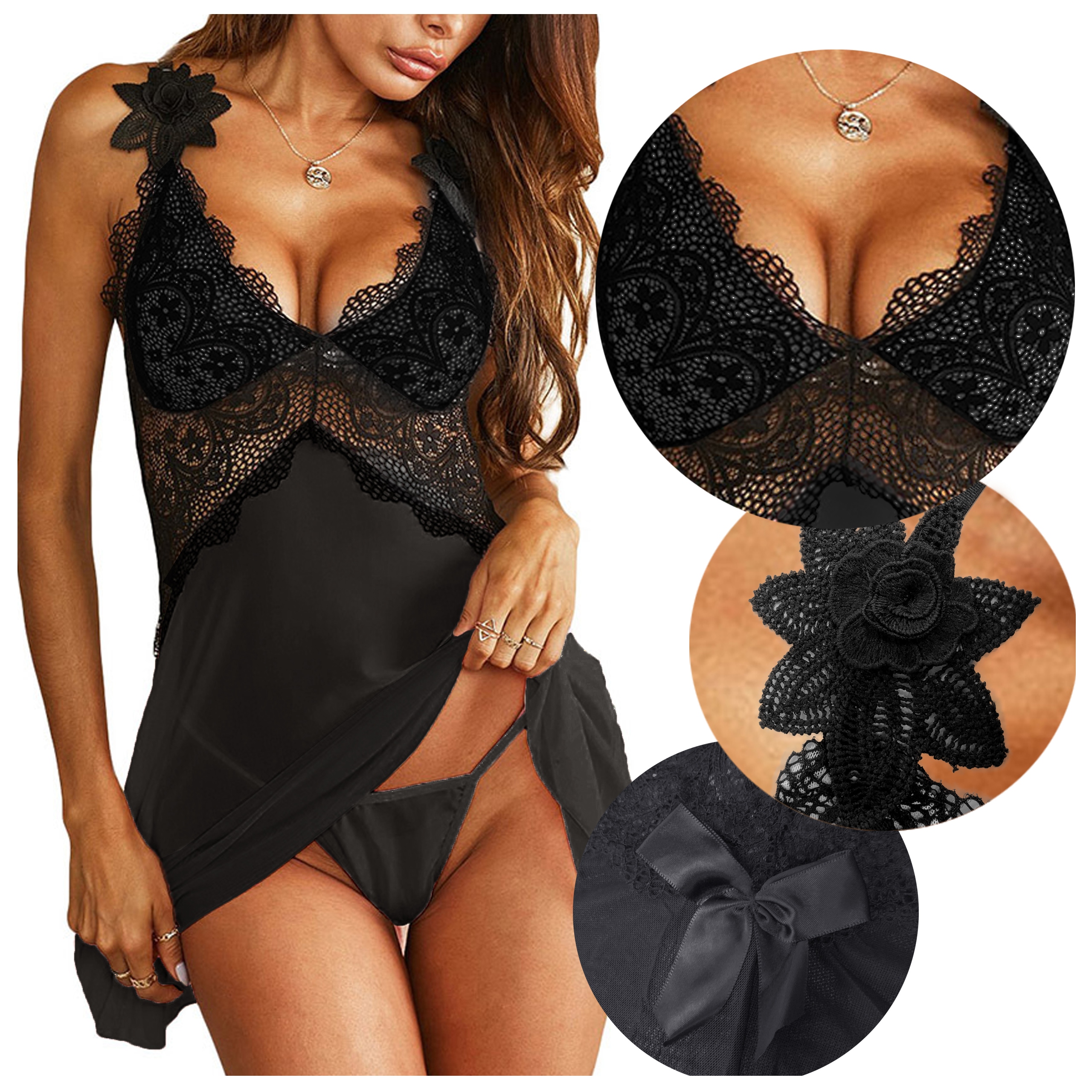 

Koszulka Nocna na ramiączkach halka Koronka Czarna