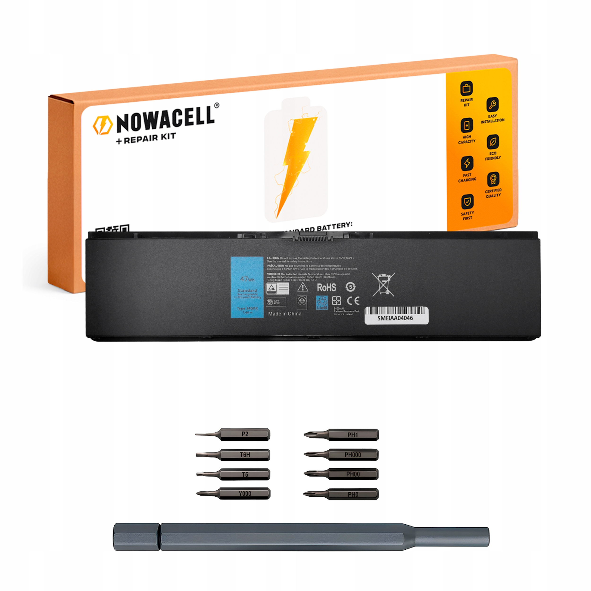 Bateria 34GKR 3RNFD 909H5 do Dell Latitude E7440 7450 7,4 V 47 Wh 6400 mAh