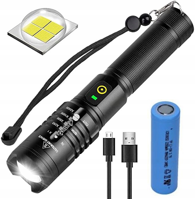 Mocna Latarka Taktyczna Led Powerbank Usb Zoom Wodoodporna Metalowa
