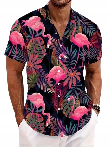 Koszula Hawajska Różowe Flamingi Liście Dżungla Lato Impreza Urlop M