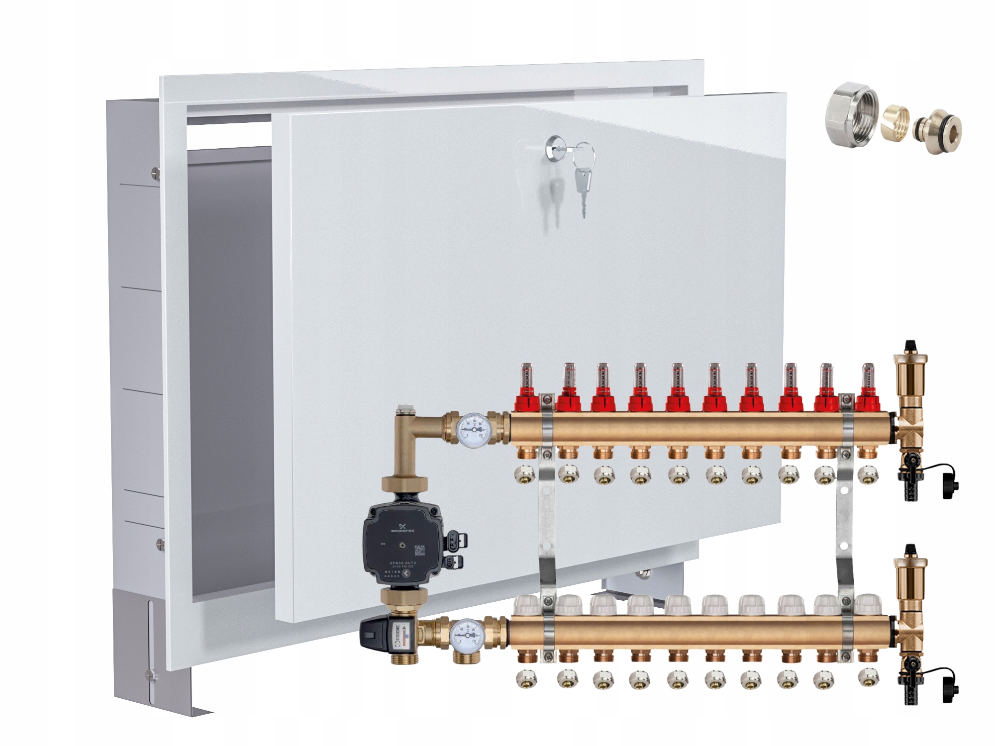 Mosazný Rozdělovač Podlahovky 10 S Čerpadlem Grundfos+podomítková Skříňka+pex