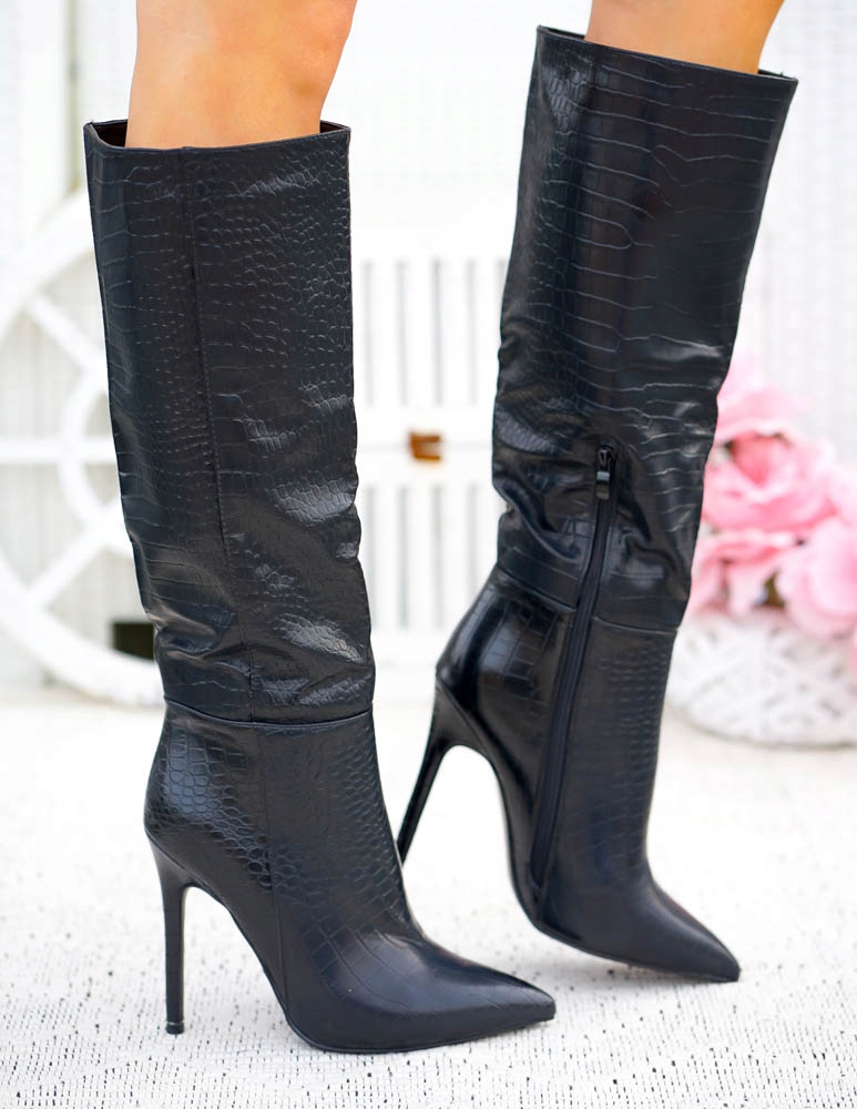 Długie Czarne Kozaki Ze Skóry Na Szpilce Valeria 39 Długość wkładki 25 cm