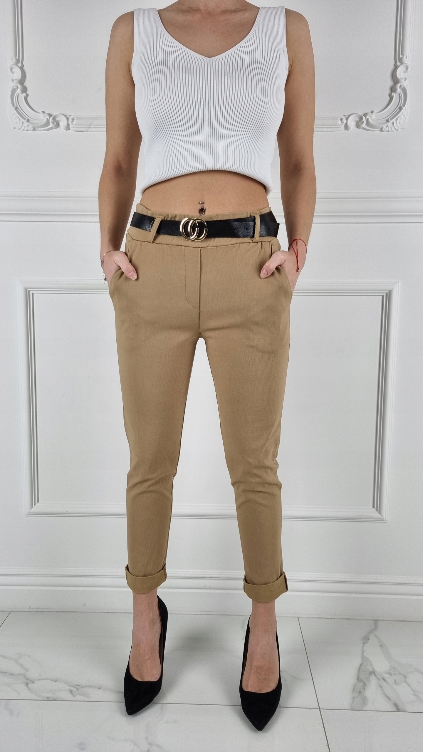 #ELASTYCZNE - SPODNIE - DAMSKIE - W GUMKĘ - PASEK# Długość nogawki 7/8