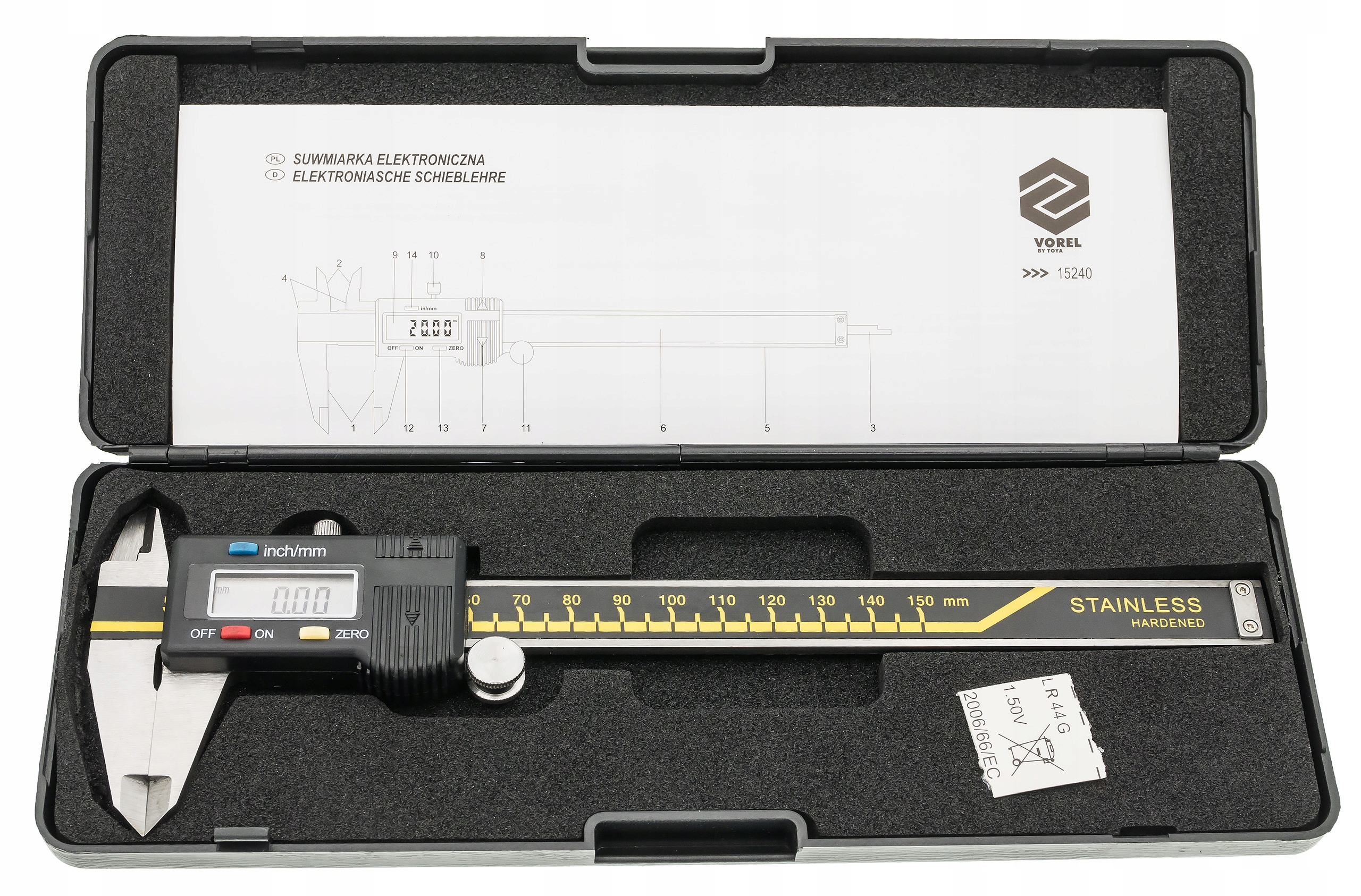 Suwmiarka elektroniczna Vorel 150 mm, skala przesuwna elektroniczna