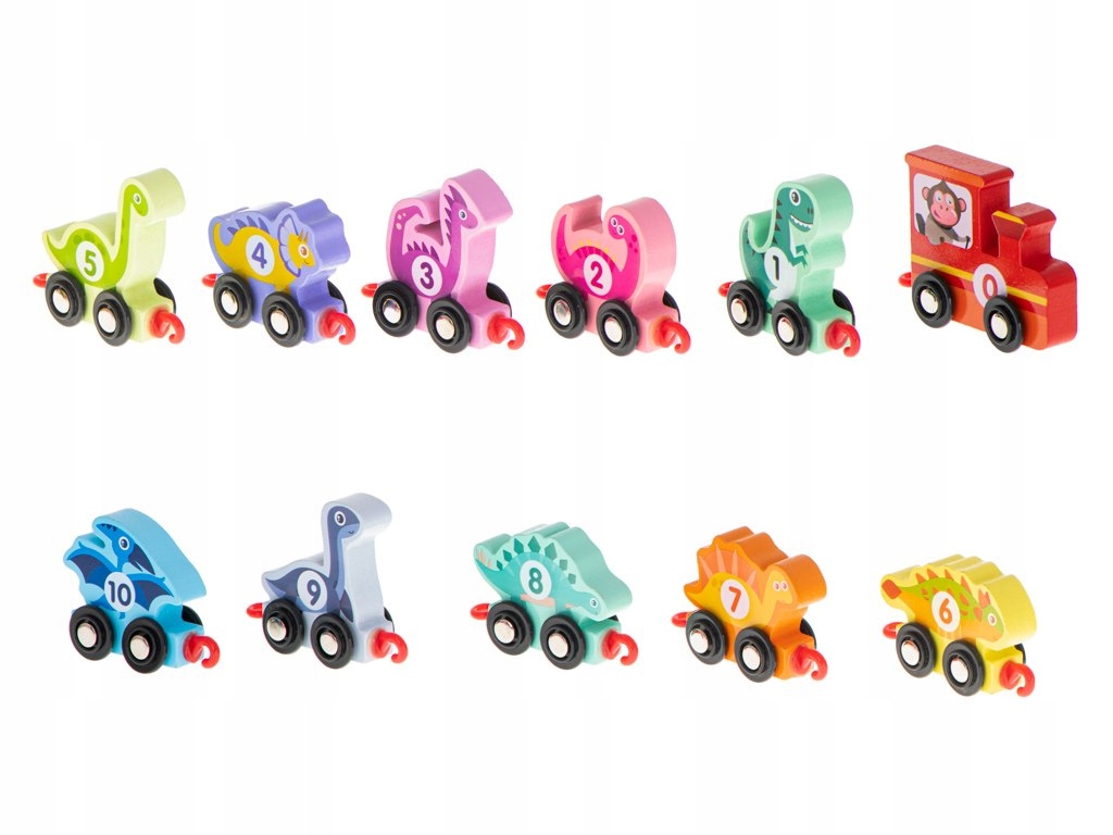 DŁUGI DREWNIANY POCIĄG KOLEJKA DINOZAURY MAGNESY MONTESSORI XXL Seria Dinozaur