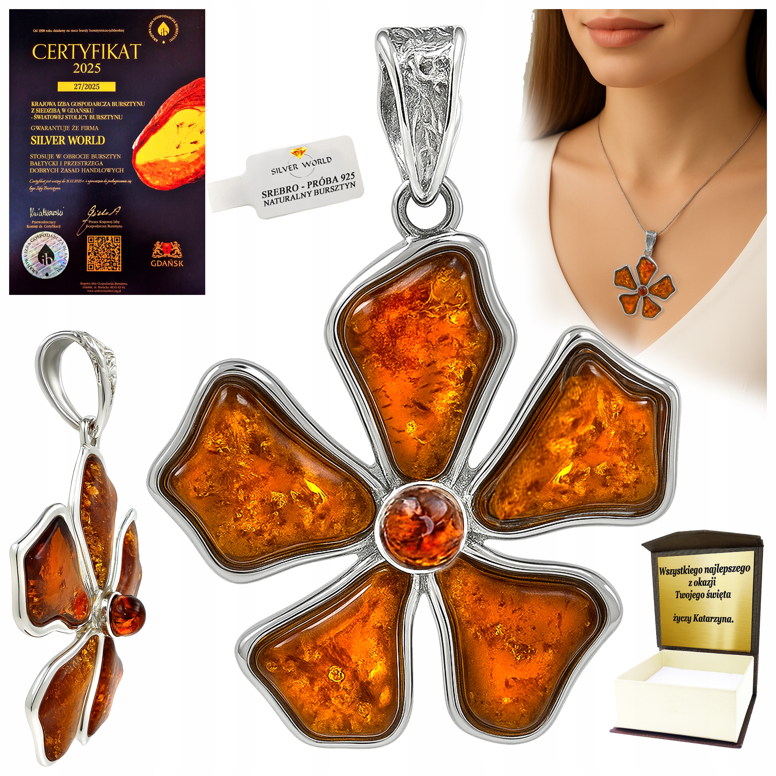 Stříbrný Přívěsek S Velkým Jantarovým Květinovým Náhrdelníkem Jako Dárek Gravírování WB7