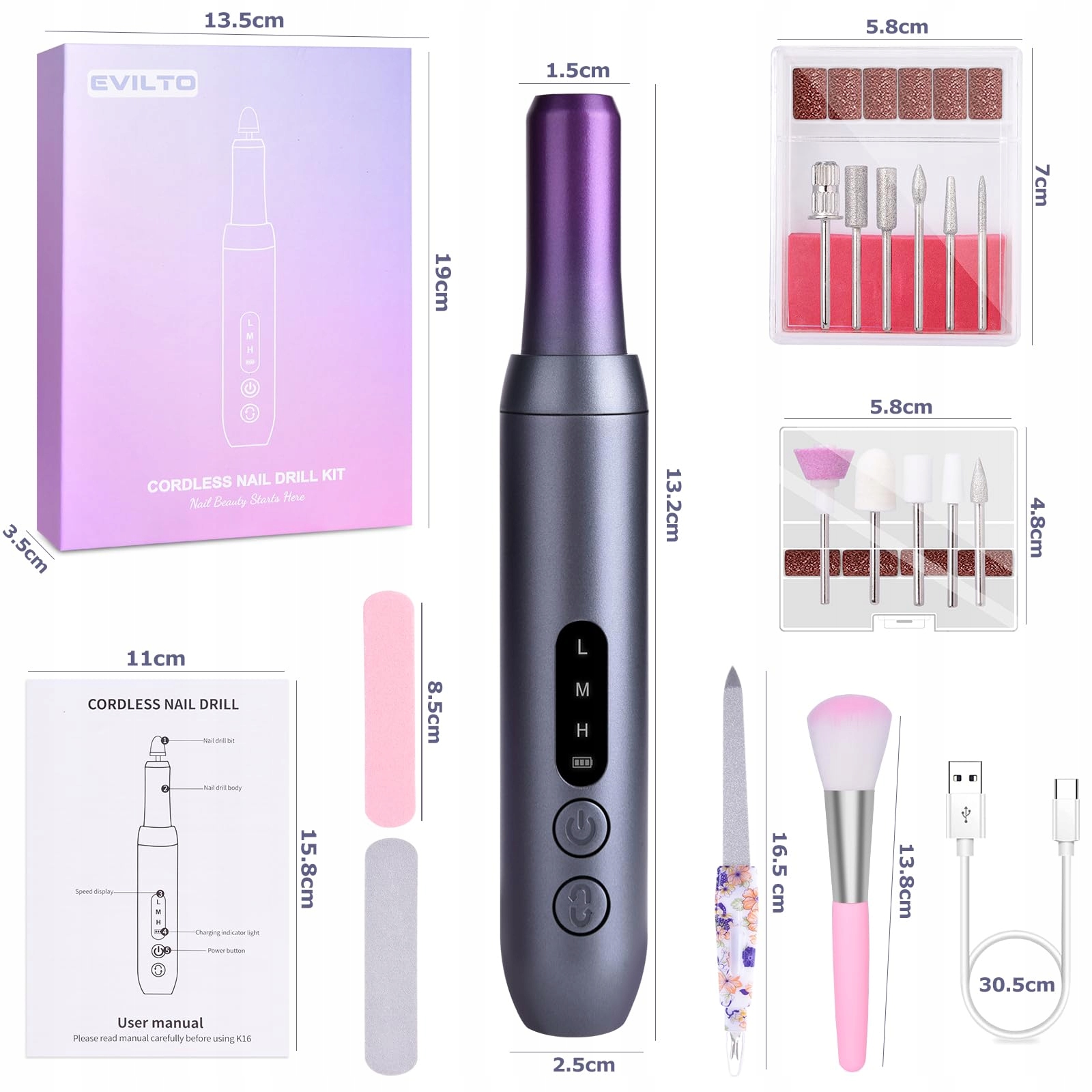 EVILTO Bezprzewodowa Frezarka Do Paznokci Zestaw Manicure Pedicure — miniatura 8