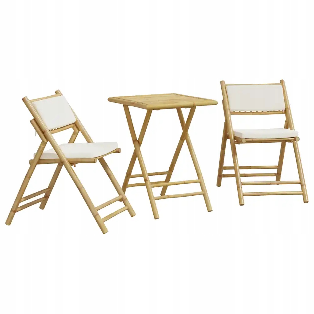 Bambusový bistro set s krémovými polštáři, stolek 55x55x75 cm, židle