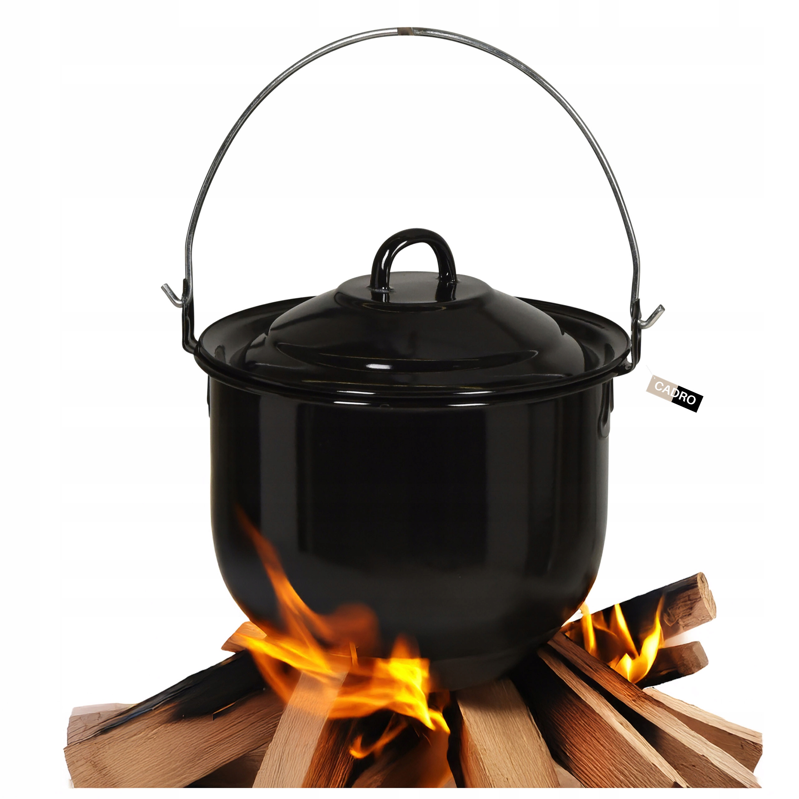 Kociołek węgierski emaliowany 6,7l wiszący czarny z pokrywką Ø24 cm