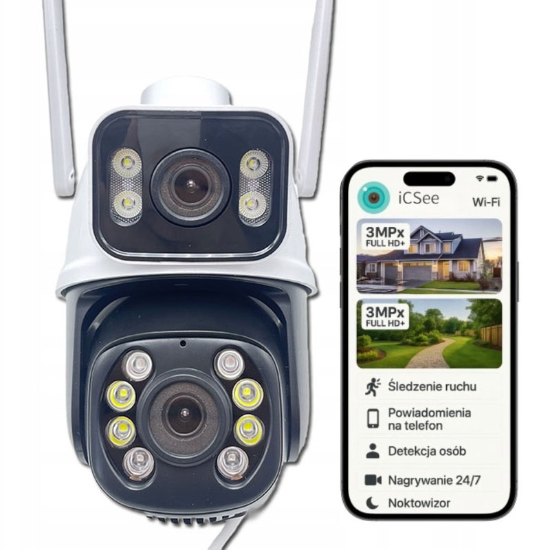 Duální Ip Kamera 2v1 Venkovní Otočná Wifi 2x 3MPx Full Hd+ Monitoring