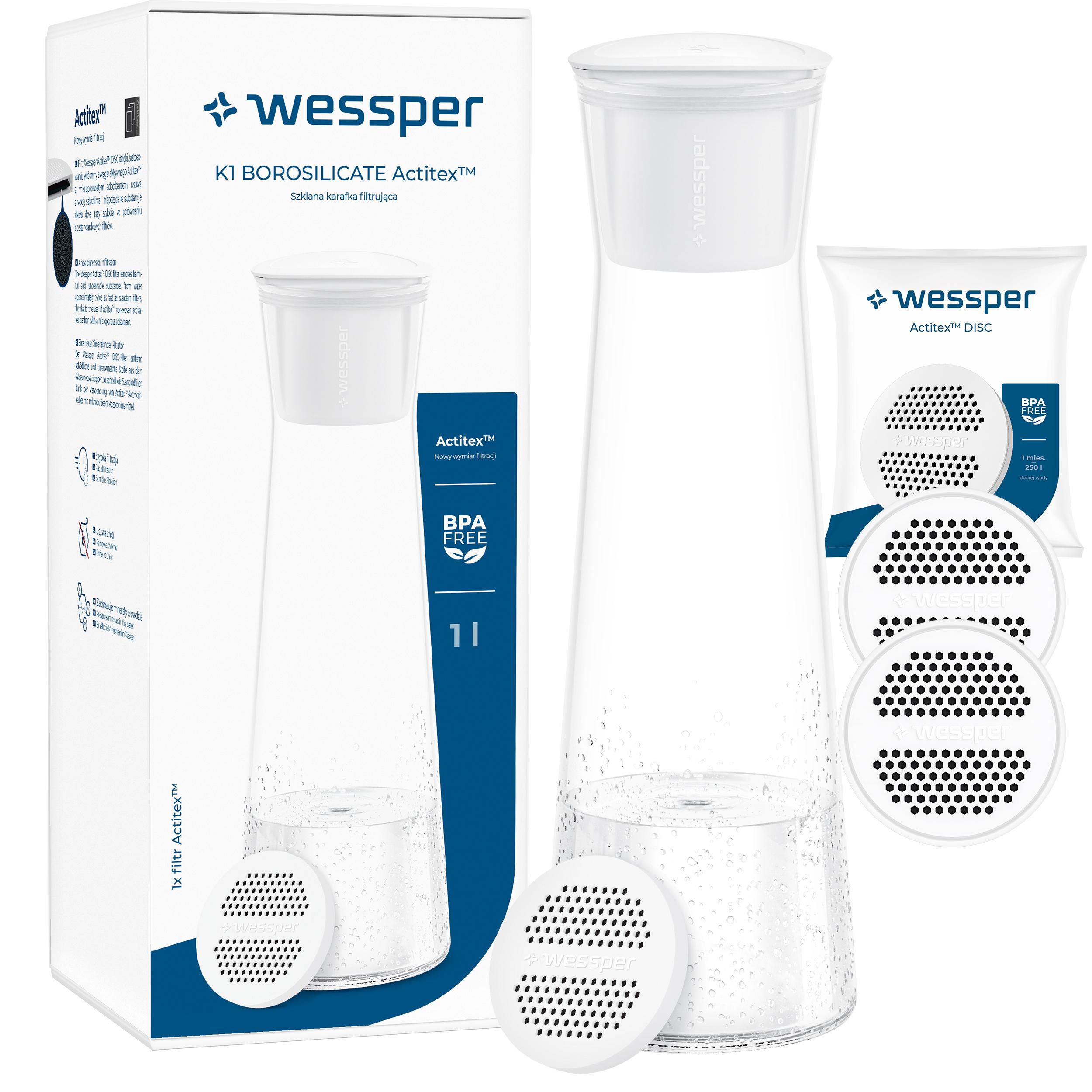 Szklana karafka filtrująca Wessper K1 Boroscilicate 1L 3x filtr wody
