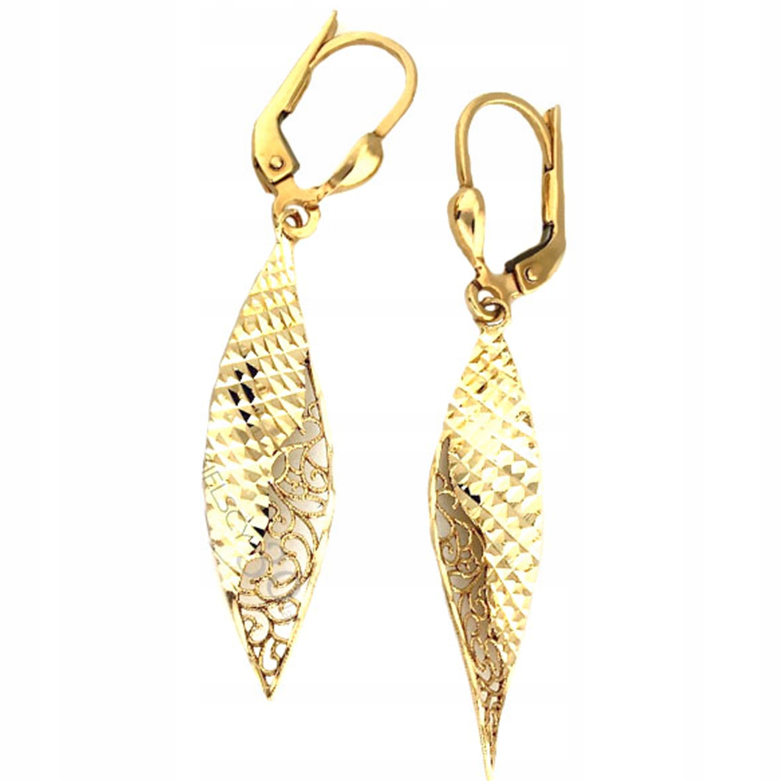 

Złote kolczyki 333 wiszące diamentowane migdały