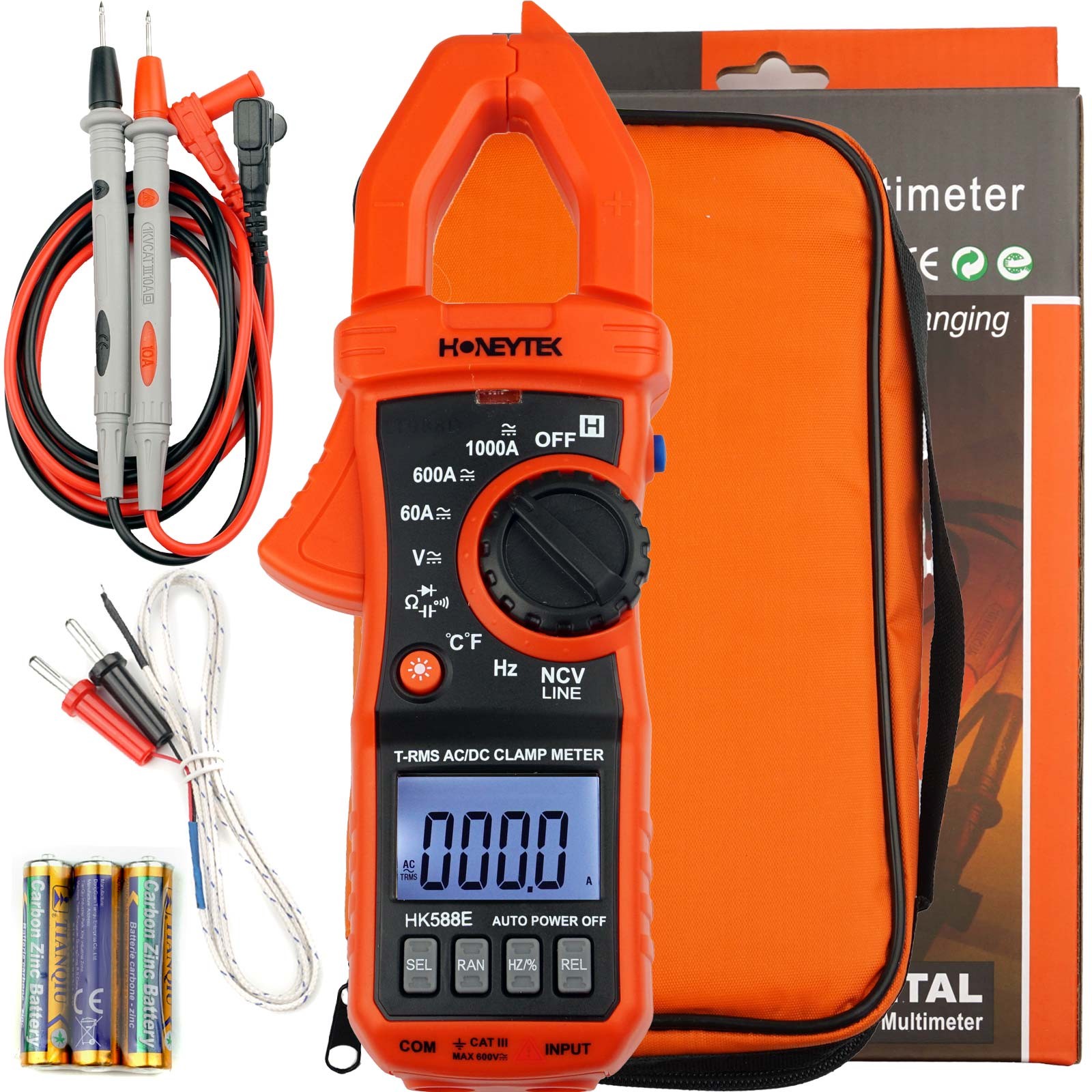 Klešťový měřič Honeytek HK588E Trms Cat III 600V LCD 6000 počítání Ncv