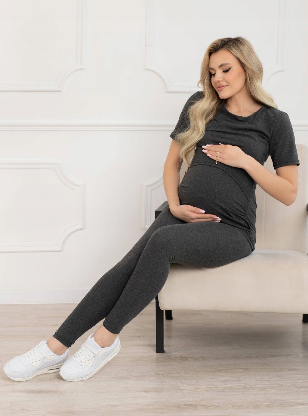 LEGGINSY CIĄŻOWE GETRY SPODNIE LEGINSY NISKI PANEL POPIELATE XL Szerokość w pasie 37 cm