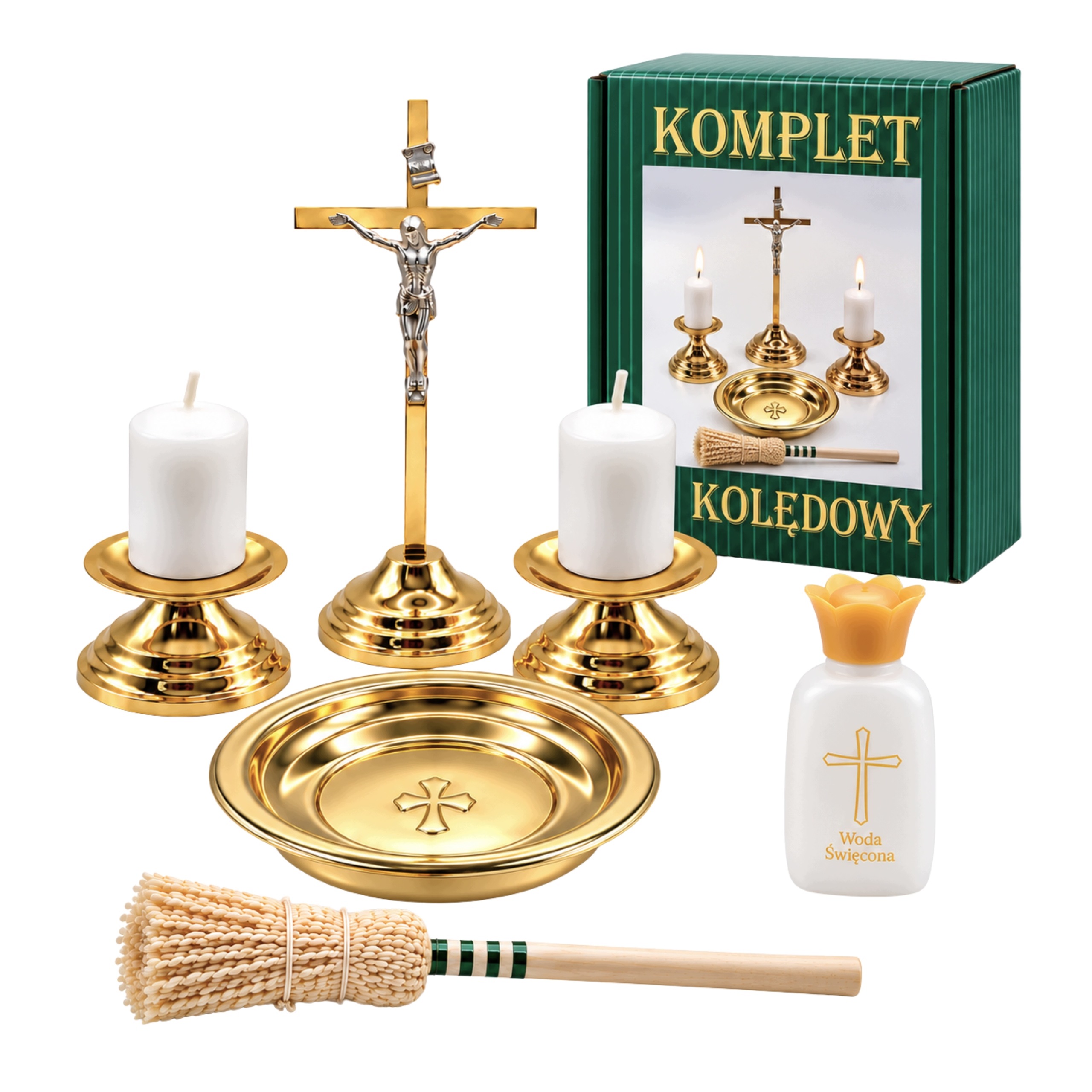 Kompletní kolední sada Zlatý kříž svíčka miska kapátko láhev na vodu