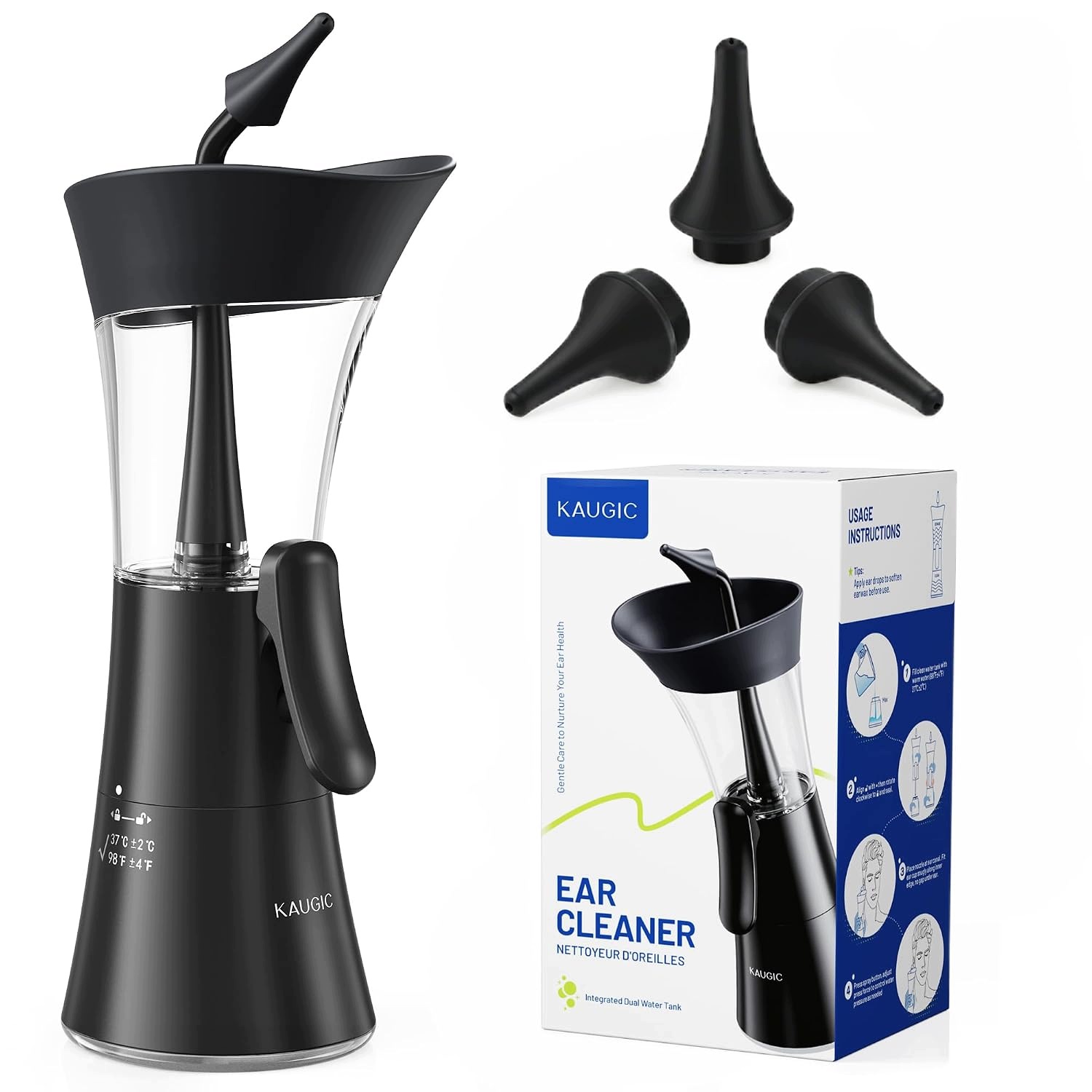 Irygator do uszu Kaugic 2 w 1 ergonomiczny czarny do czyszczenia woskowiny