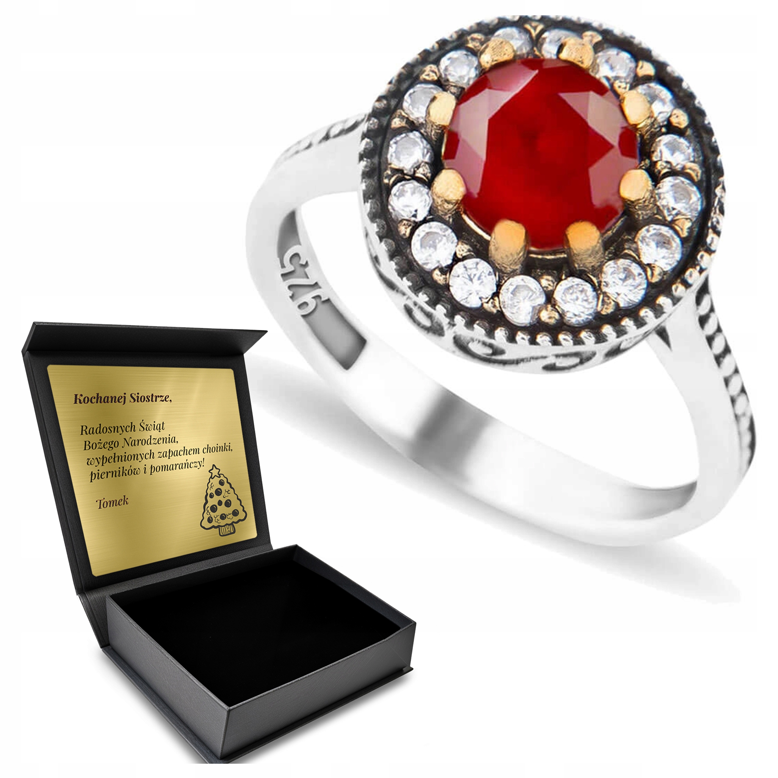 Prstýnek 925 S Rubínem A Zirkony pro ženy Gravírování Bonus