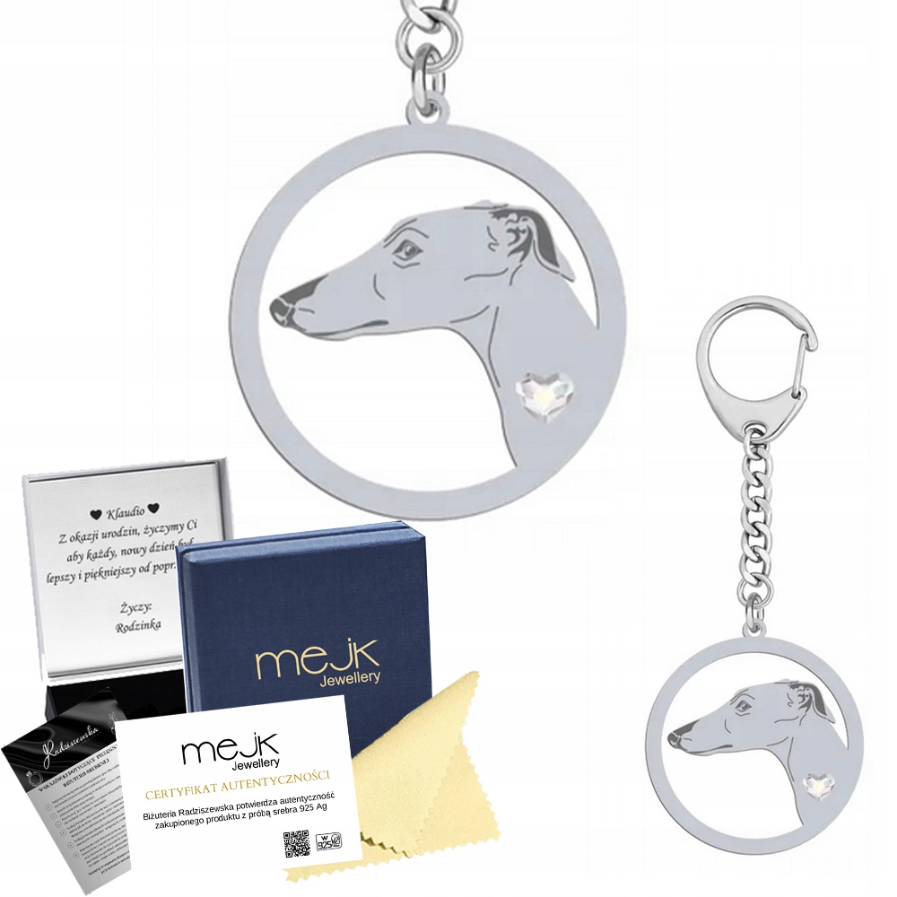 Přívěsek Na Klíče Stříbrný s psem Galgo Espanol 925 Žena Dedikace Gravírování Bonus