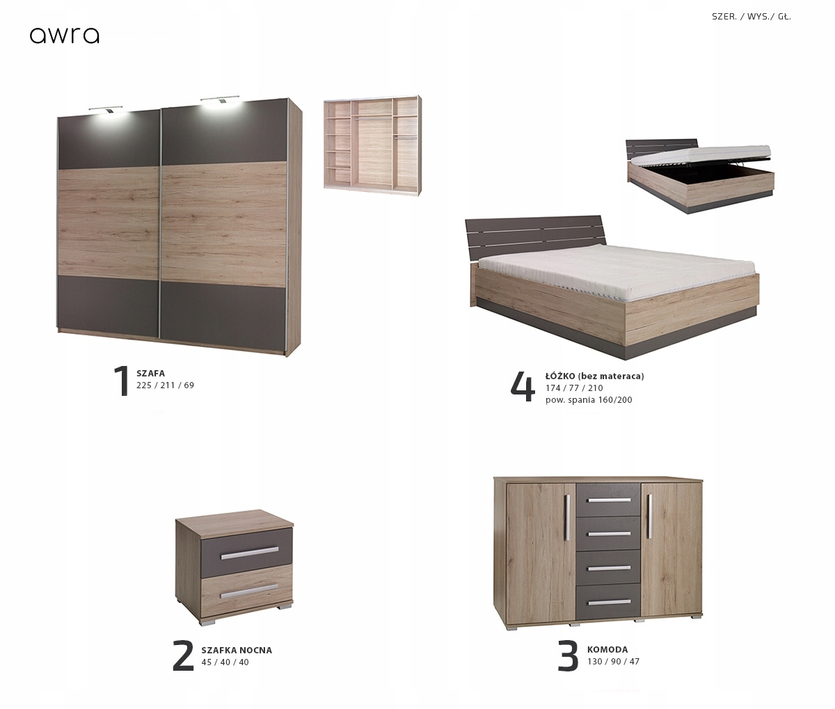 Sypialnia AWRA - 4 elementy - 2 kolory = HIT ! Liczba elementów w zestawie 4