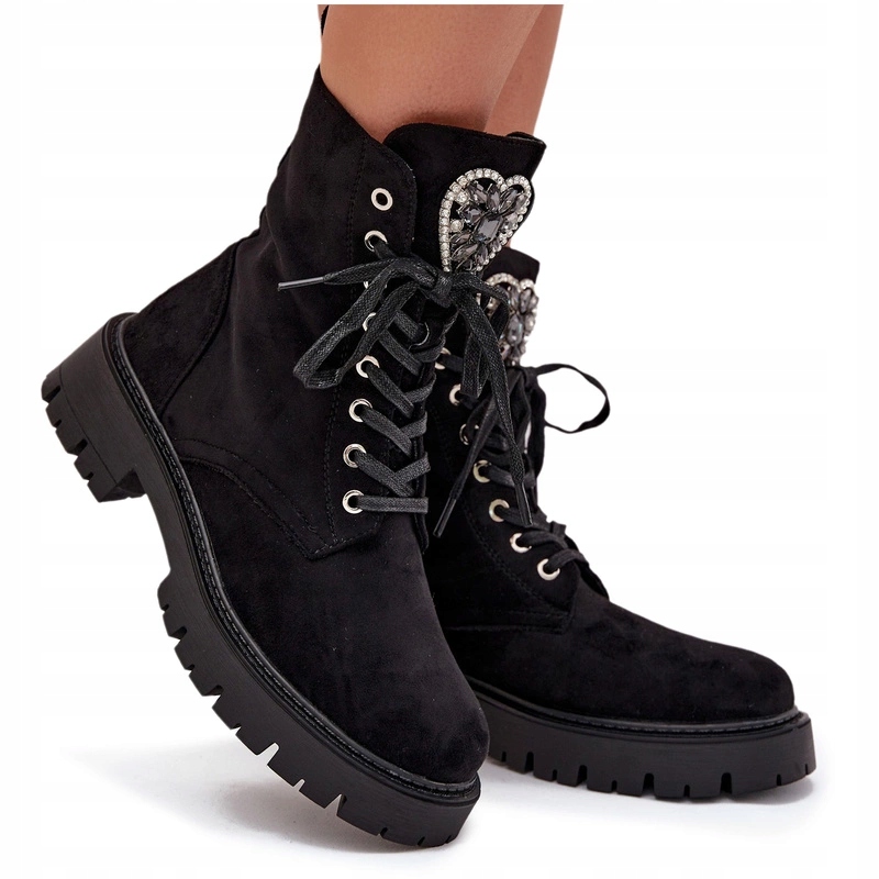 Kotníkové Boty Workery Eko Semišové Zateplené Bižuterní Ozdoba Zip Černé 37