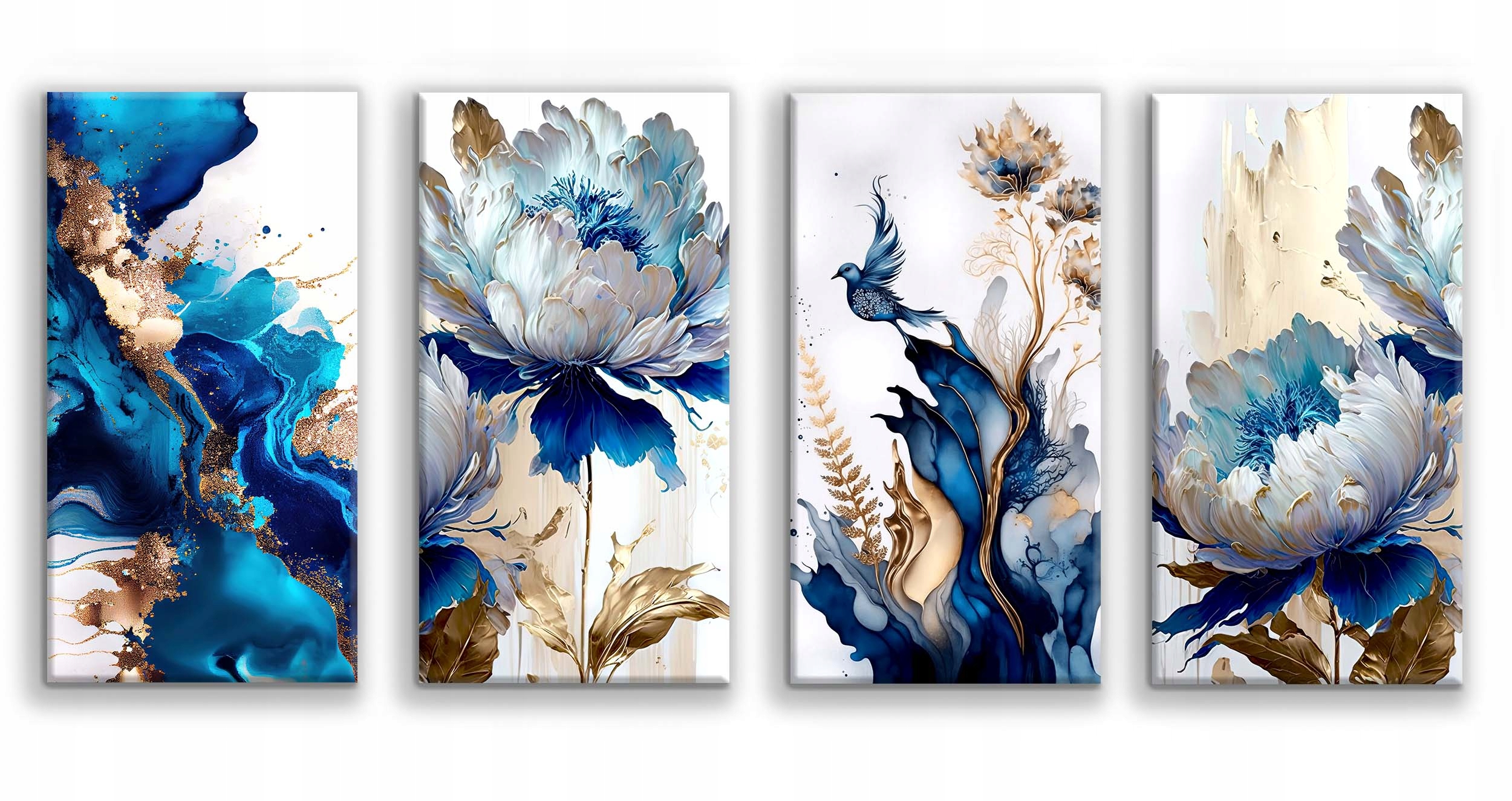 Obrazy do salonu Glamour Obraz abstrakcja kwiaty Niebieski i Złoty 80x160