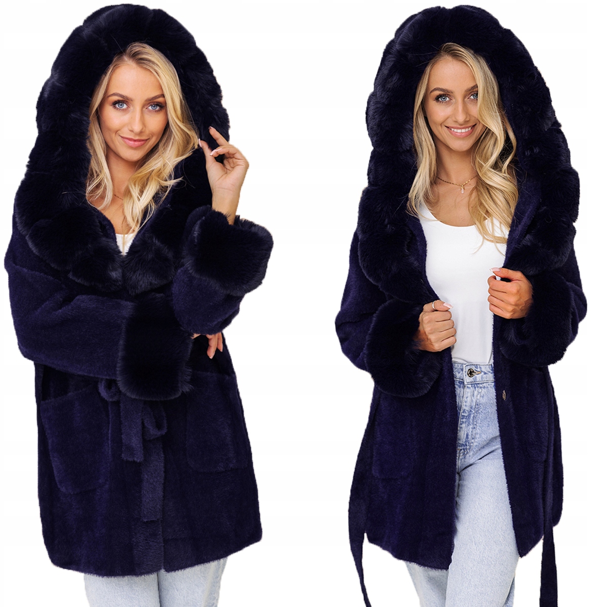 Měkká Alpaka S Kožíškem Kabát alpaka S Páskem Tmavě Modrá