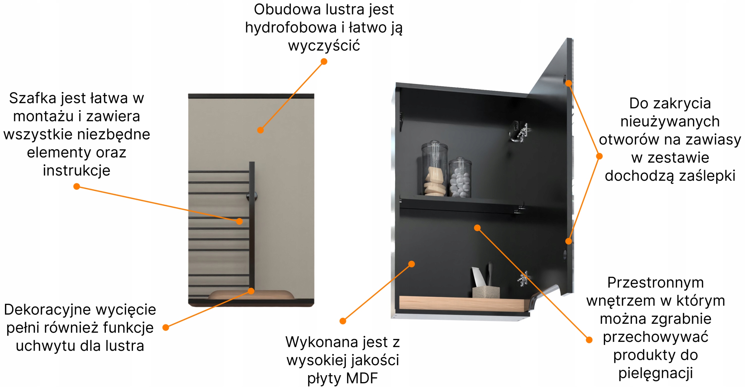 Szafka z lustrem czarna 45x16x75 czarny/dąb Omeble Wysokość mebla 75 cm