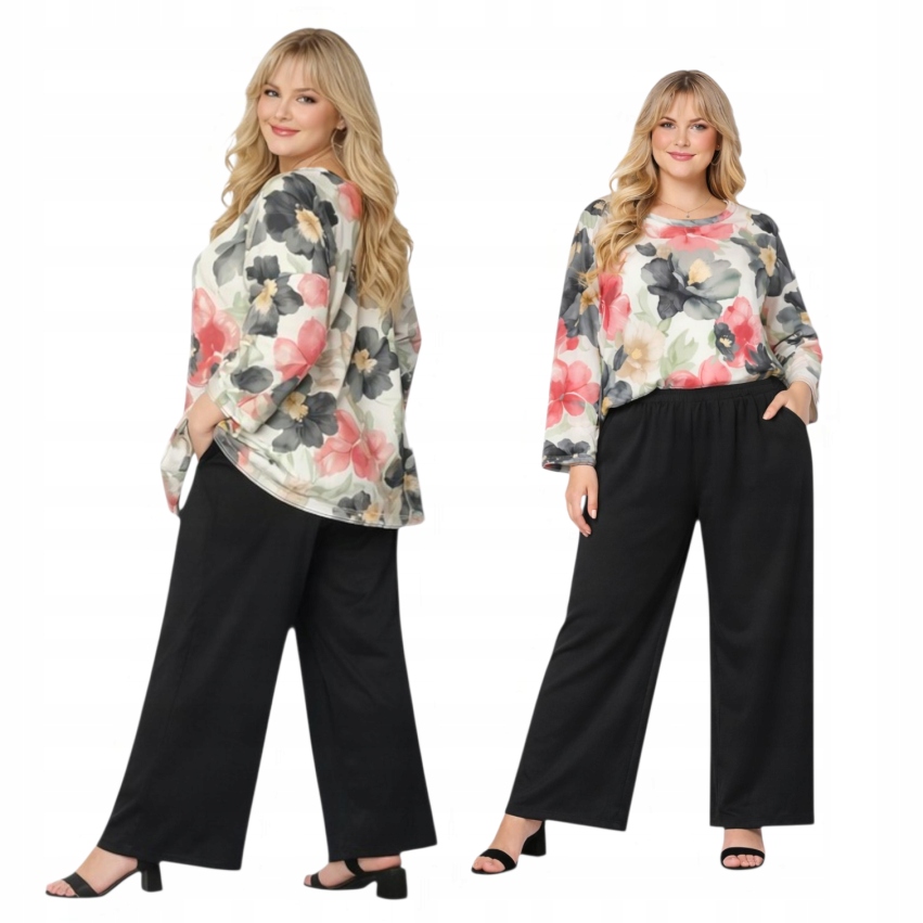Komplet Kwiatowy Bluza Masełko Spodnie Proste cudo 52 54 6XL 7XL