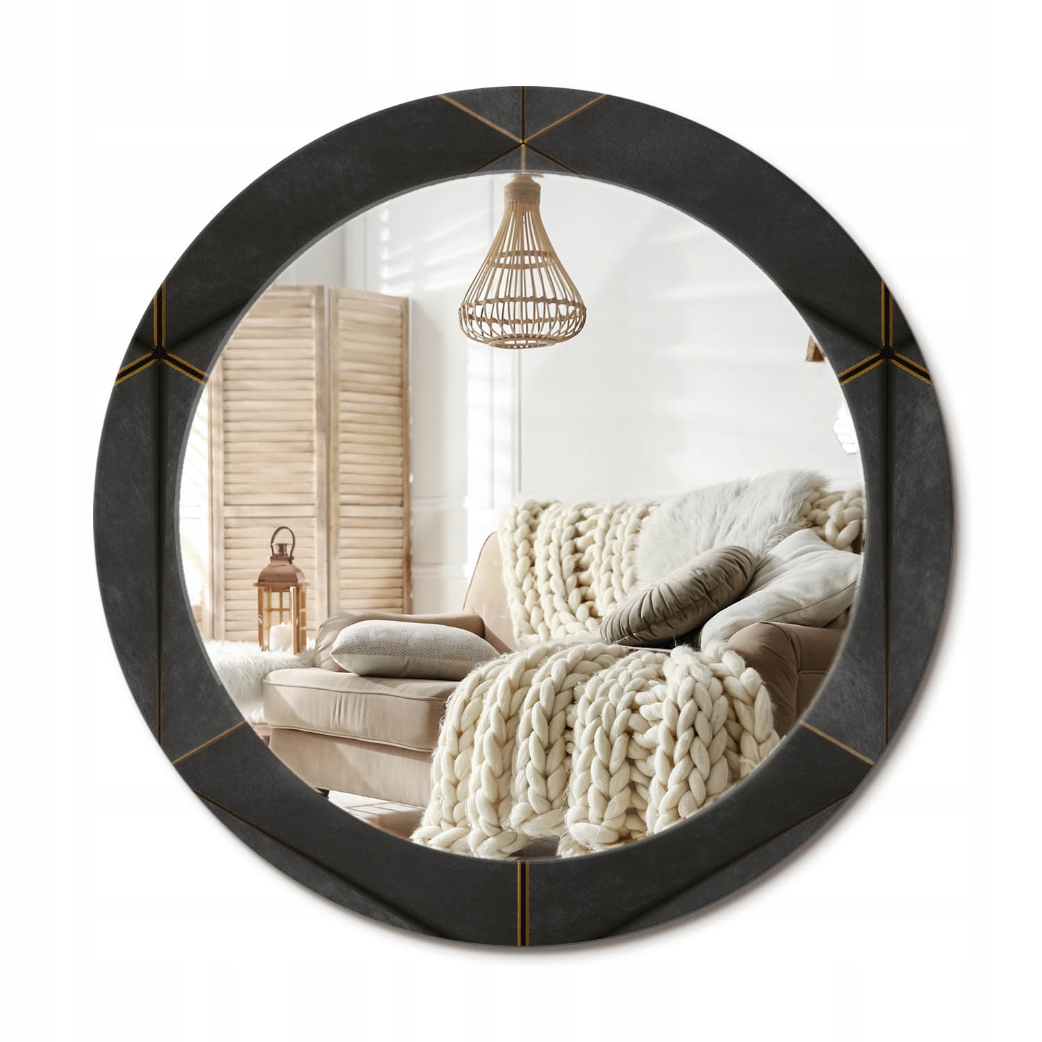 Zrkadlo s potlačou do kúpeľne, spálne, obývačky, sivé trojuholníky, priemer 70 cm