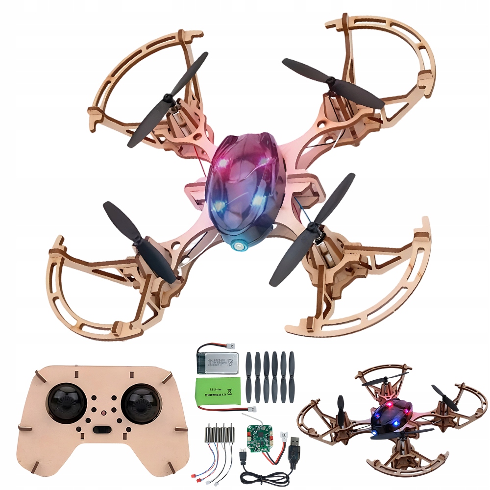 Drewniany dron Diy 14+ zestaw Stem z akrobacjami 360° i startem przyciskiem
