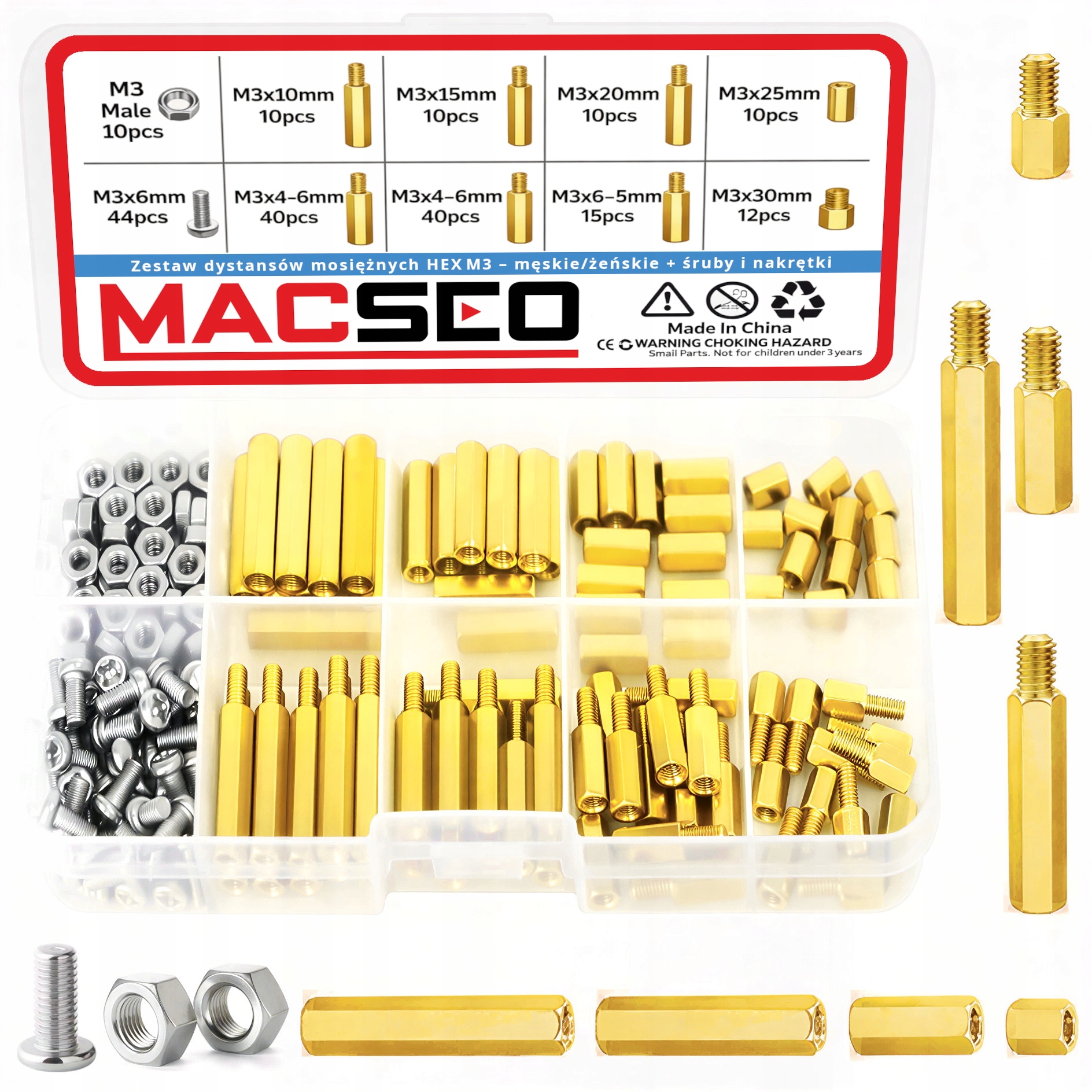 ZESTAW DYSTANSÓW MOSIĘŻNYCH M3 176SZT DO PŁYT GŁÓWNYCH DIY PROJEKTÓW MACSEO