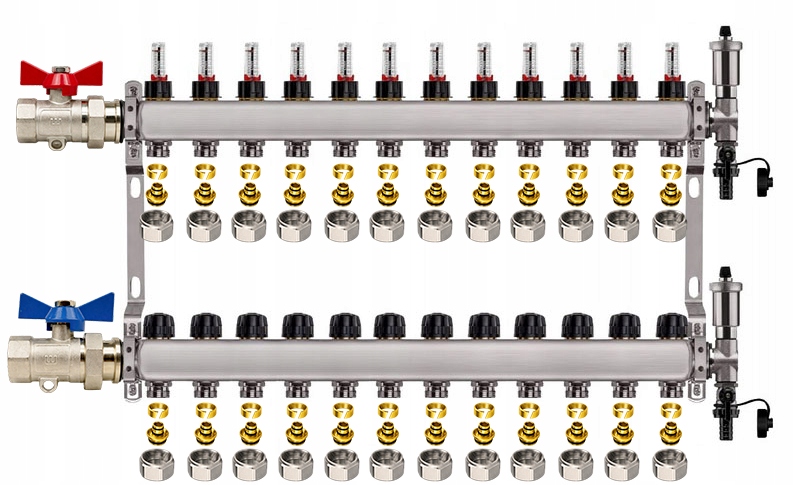 Rozdělovač Pro Podlahovku 12 Nerezových Okruhů Rovný Ventil Pexové Spojky