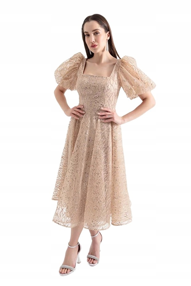 Lafaba Béžová Šaty MIDI S Bufetovými Rukávy 38 5FA