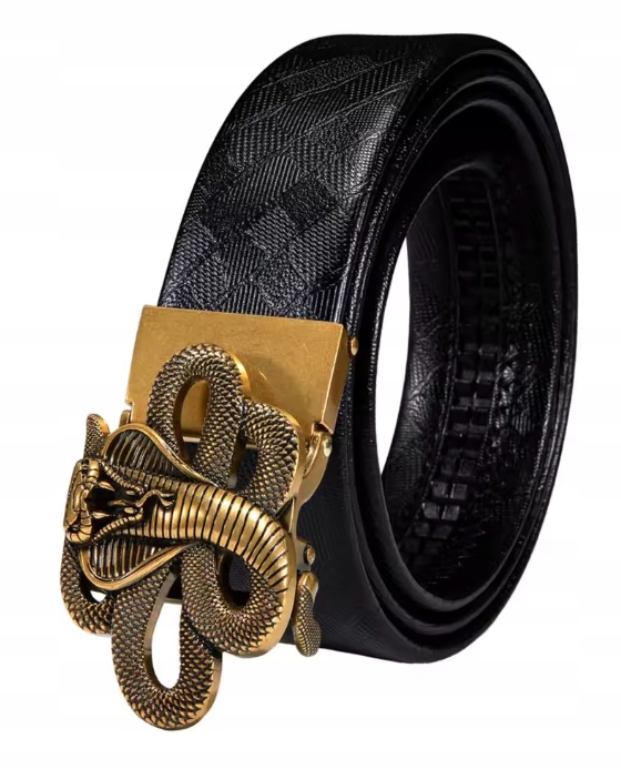 Luxusní Černý Pánský Kožený Opasek Automatický Zlatý Had Kobra 100 CM