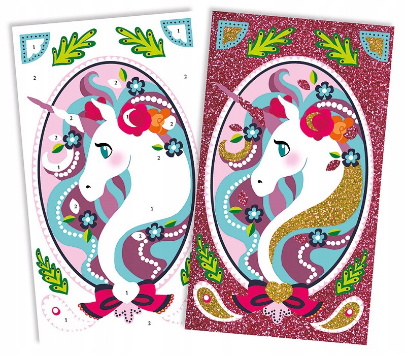 Zestaw kreatywny obrazki brokatowe Magiczny brokat Jednorożce Janod 7+ Bohater brak