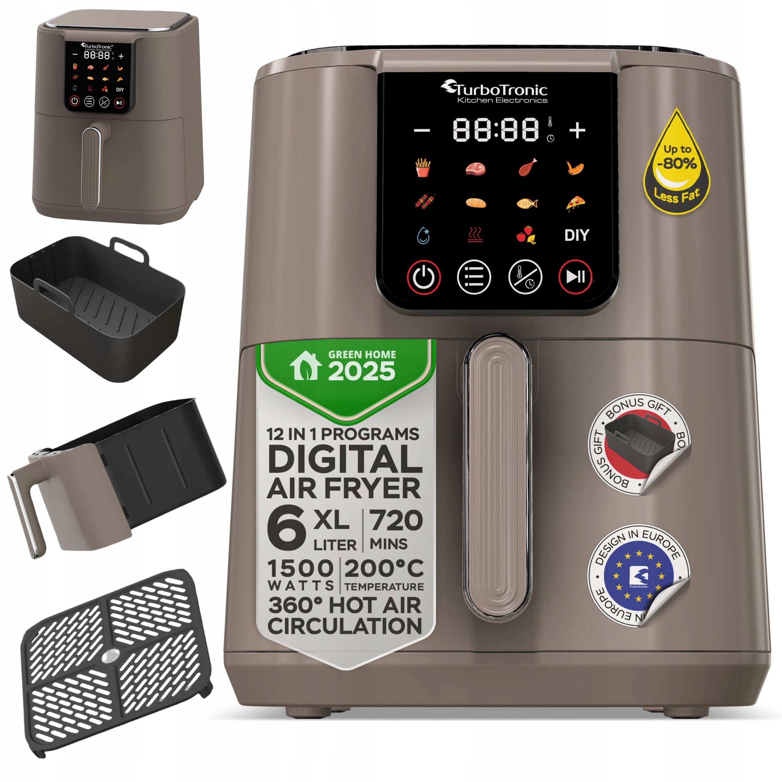 Fritéza Horkovzdušná 6L Air Fryer 1500W Kovový Vnitřek Displej