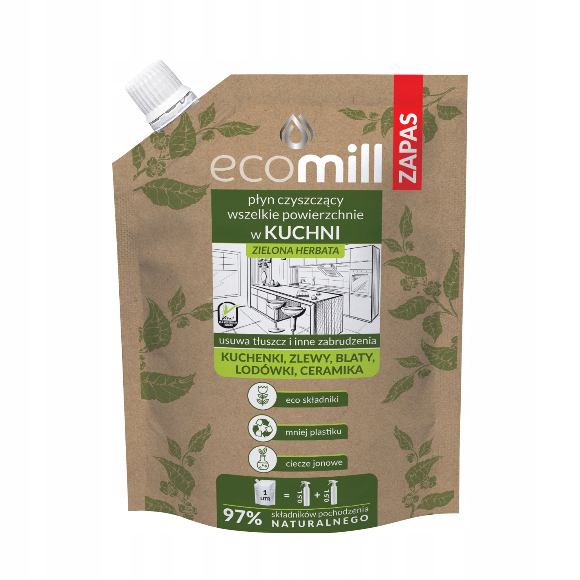 Levně 4X Ecomill 1 l Zelený Čaj Čisticí prostředek do kuchyně Náhradní náplň