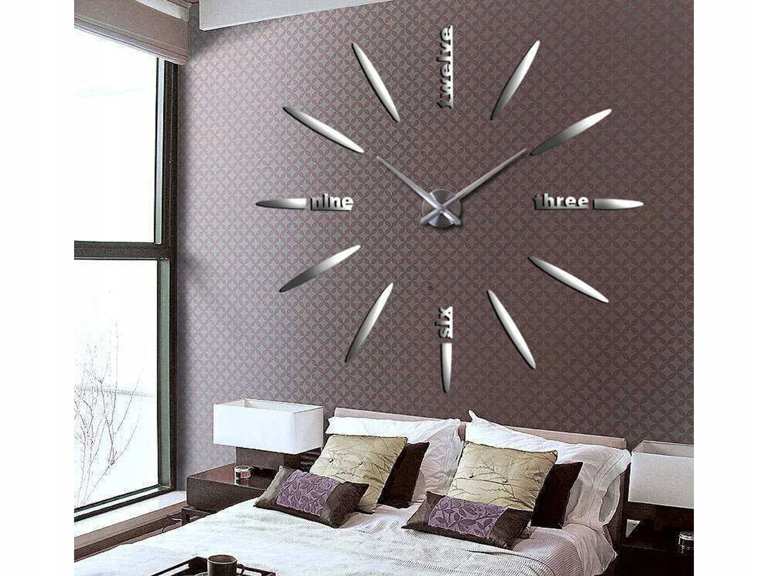 XXL ZEGAR ŚCIENNY NOWOCZESNY DESIGN DIY 3D 70-130cm NAKLEJANY NA ŚCIANĘ Kolor srebrny