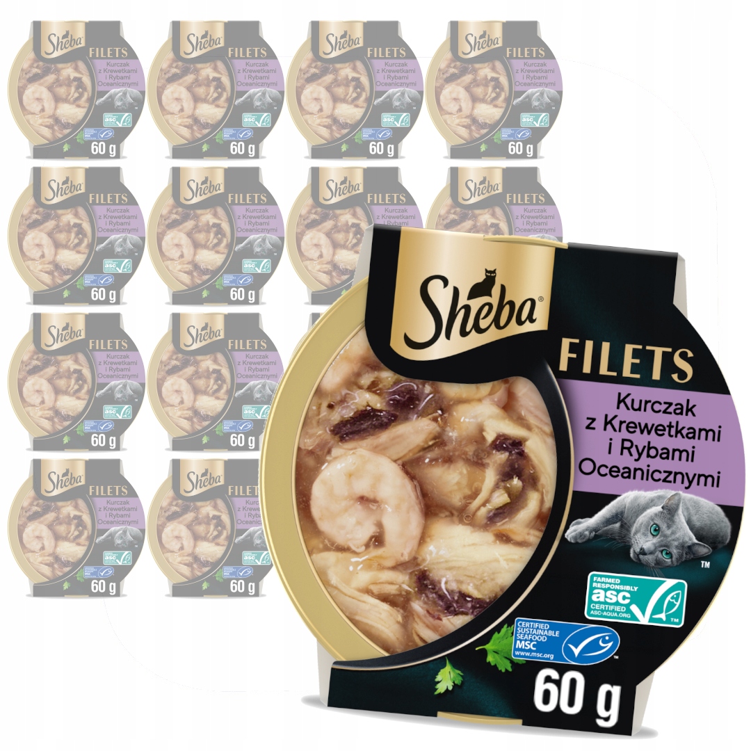 Levně Sheba Filets 16x60g Mokré Krmivo Pro Kočky Kuřecí ryby Krevety v omáčce