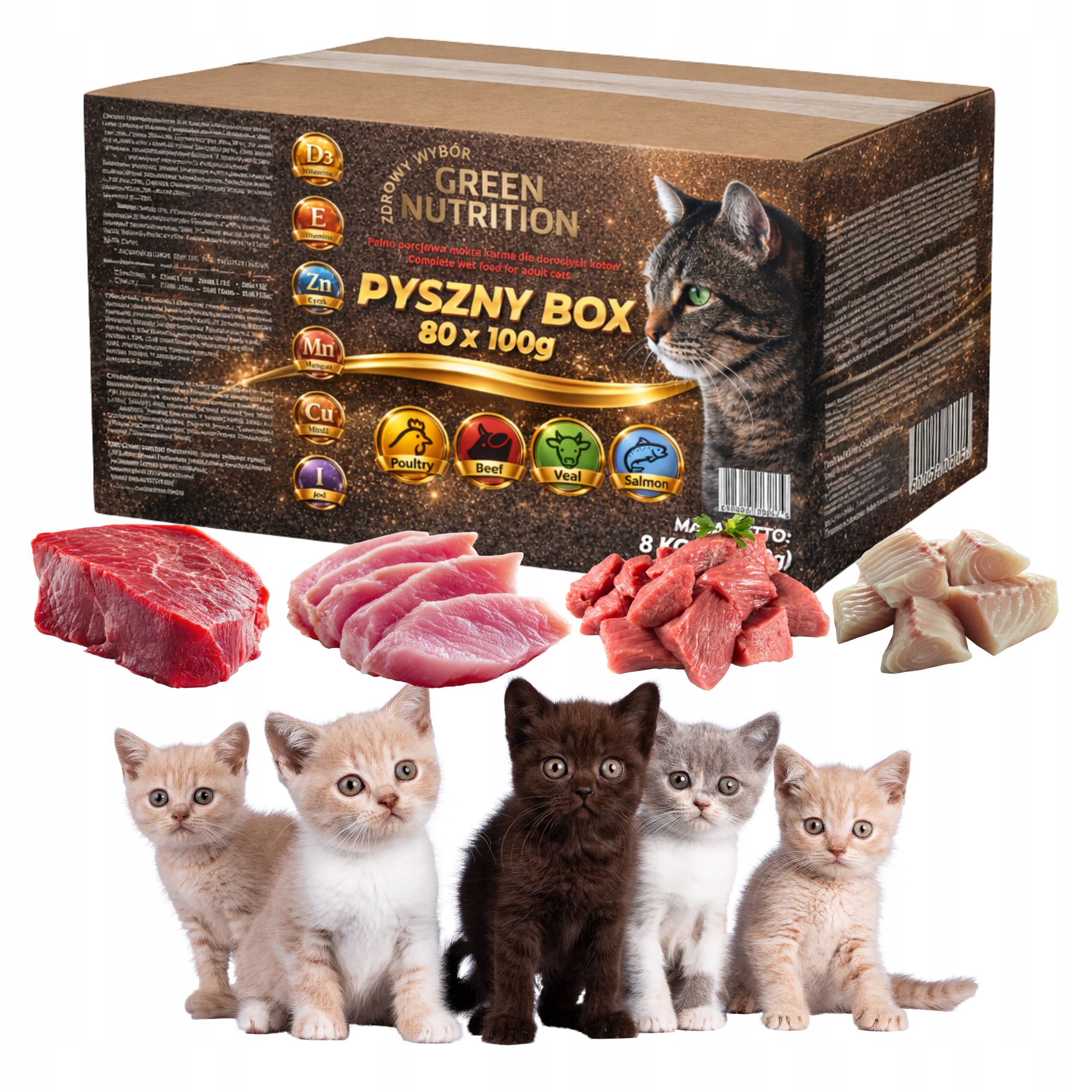 Levně Krmivo mokré pro kočky Lahodný box 4 příchutě sáčky 80x100g Green Nutrition