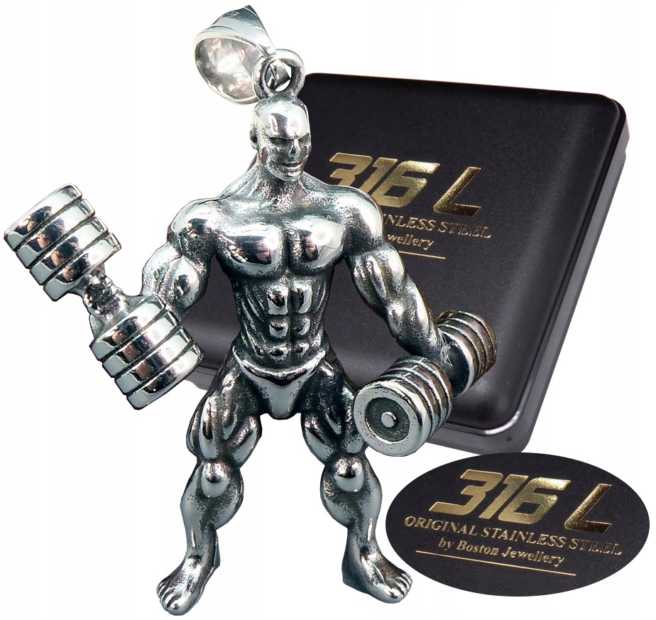 SREBRNY KULTURYSTA Z HANTLAMI NA ŁAŃCUSZEK STAL CHIRURGICZNA 316L SIŁACZ