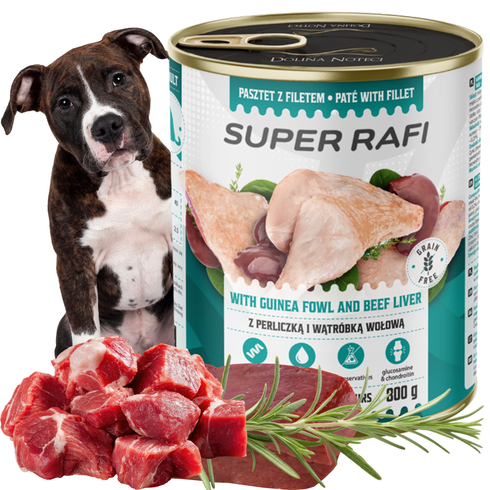 Levně Vlhké krmivo pro psy, perlička, játra, konzerva, Dolina Noteci Rafi 800 g x 12 g