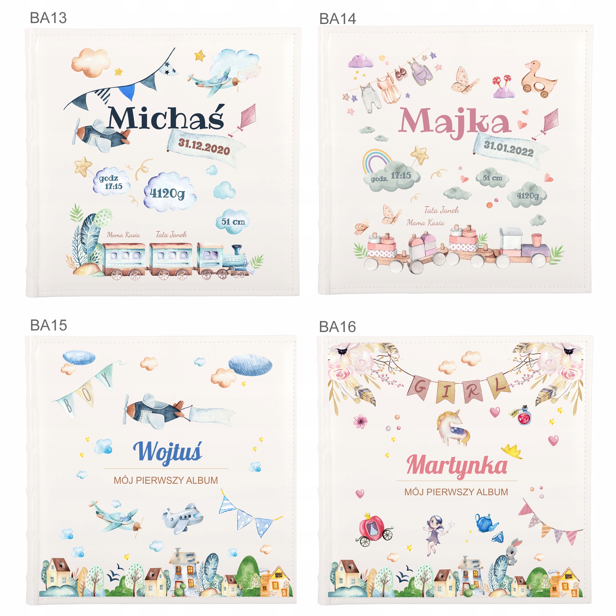 DUŻY Album na zdjęcia 500 zdjęć dziecka Personalizowany nadruk Model Wzory dla dzieci - chrzest - metryczka - urodziny